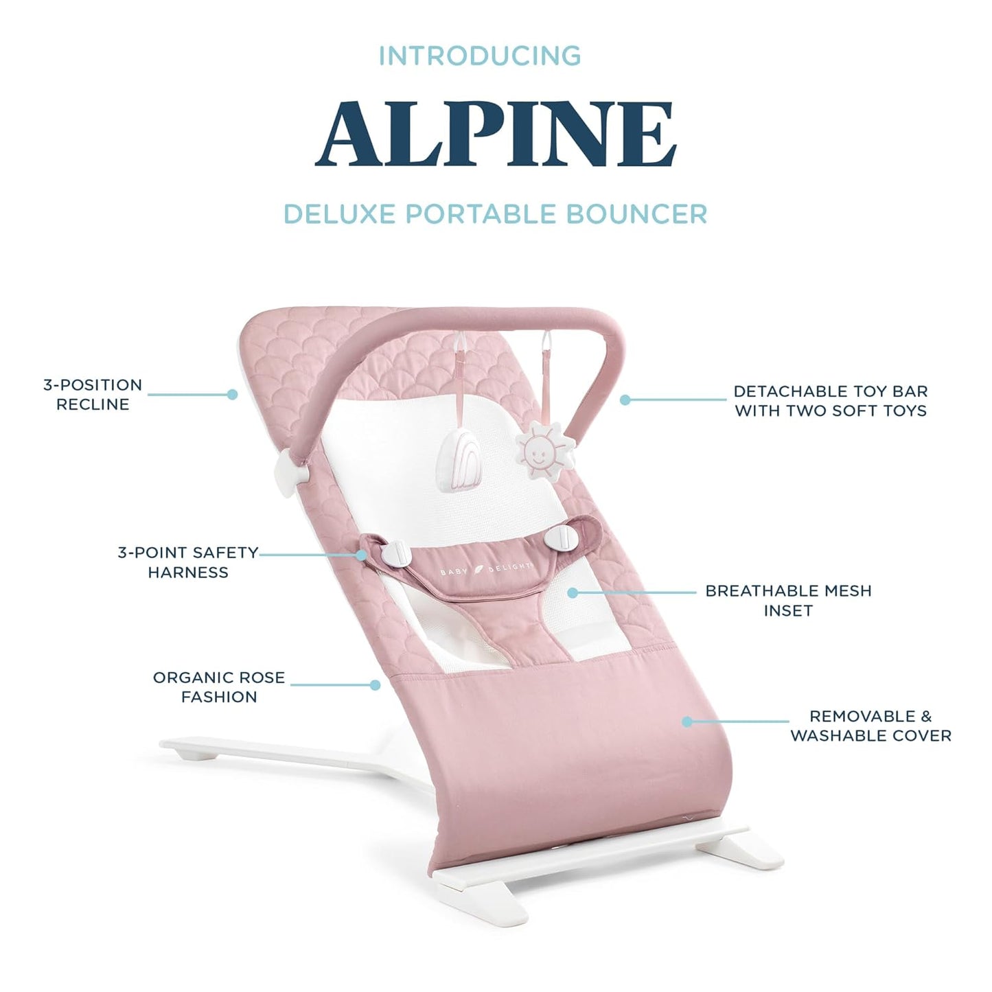 Baby Delight Alpine Deluxe Portable Baby Bouncer - Organic Rose
