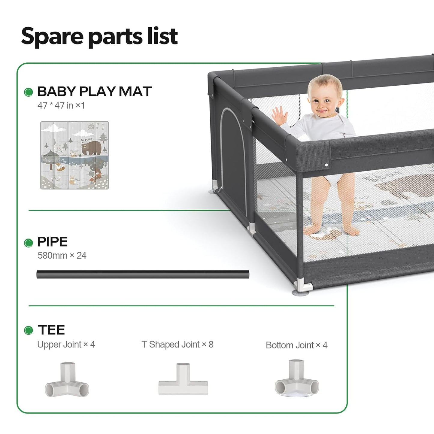 Fodoss Baby Playpen & Playard with Mat - Dark Gray