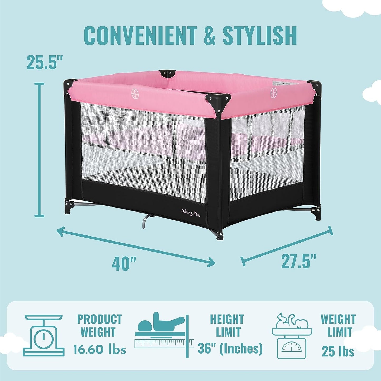 Dream On Me Zazzy Portable Playard with Bassinet - Pink (Gently Used)