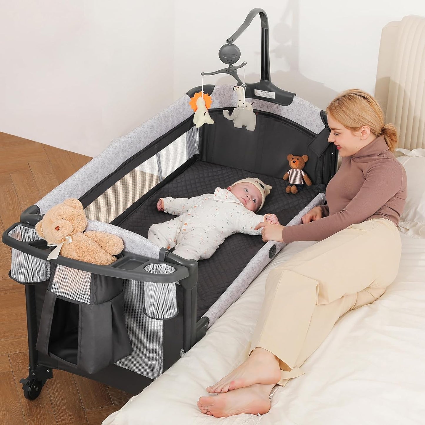 ELEMARA 4 in 1 Wide Baby Bedside Bassinet & Playard with Diaper Changer - Grey (Gently Used)