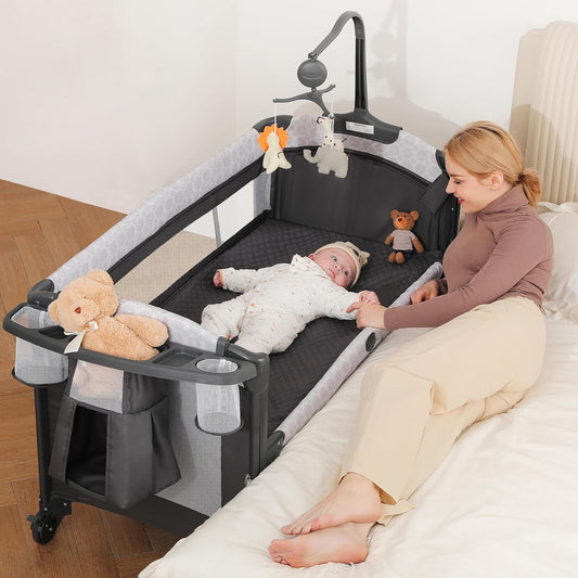 ELEMARA 4 in 1 Wide Baby Bedside Bassinet & Playard with Diaper Changer - Grey (Gently Used)
