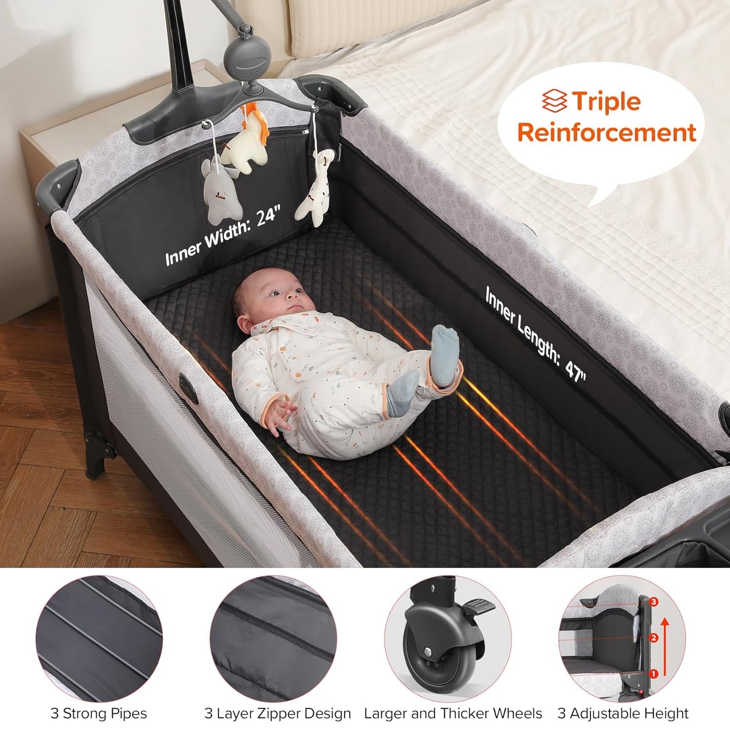 ELEMARA 4 in 1 Wide Baby Bedside Bassinet & Playard with Diaper Changer - Grey (Gently Used)