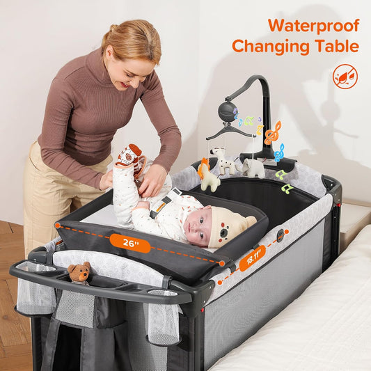 ELEMARA 4 in 1 Wide Baby Bedside Bassinet & Playard with Diaper Changer - Grey (Gently Used)