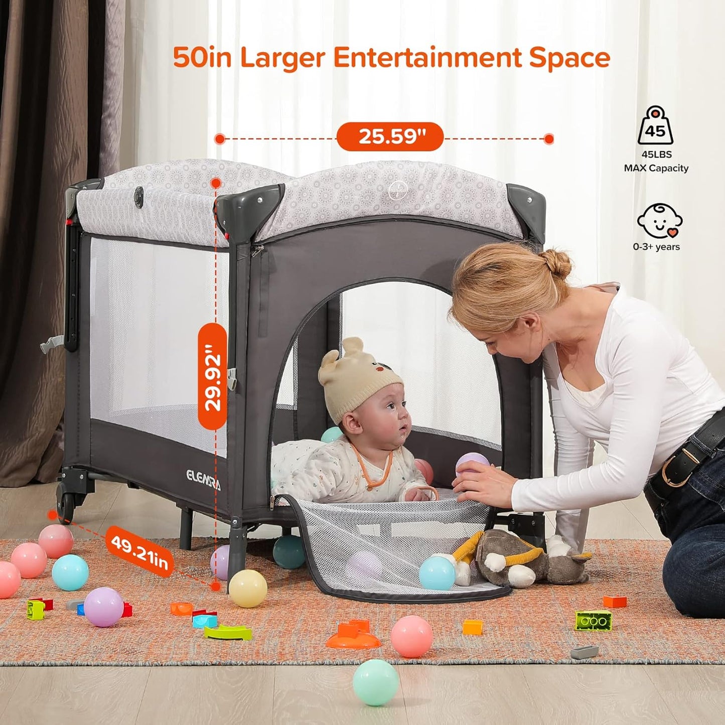 ELEMARA 4 in 1 Wide Baby Bedside Bassinet & Playard with Diaper Changer - Grey (Gently Used)